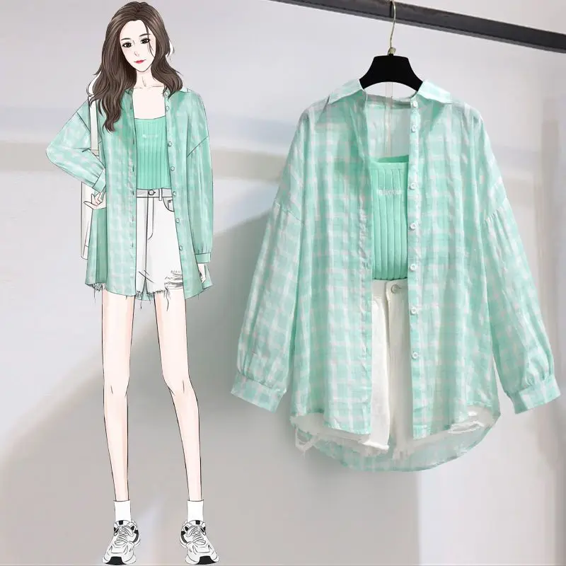 Spring and Summer Suit Women\'s 2024New Large Chiffon Shirt Women\'s Loose Skinny Denim Shorts Sunscreen Three-piece Suit