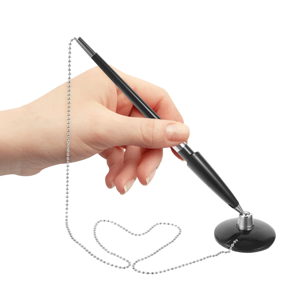 

6pcs Black Ballpoint Pens With Chain 360° Rotating Stand Adhesive Base For Desk Counter Reception Bank Office Security Pen