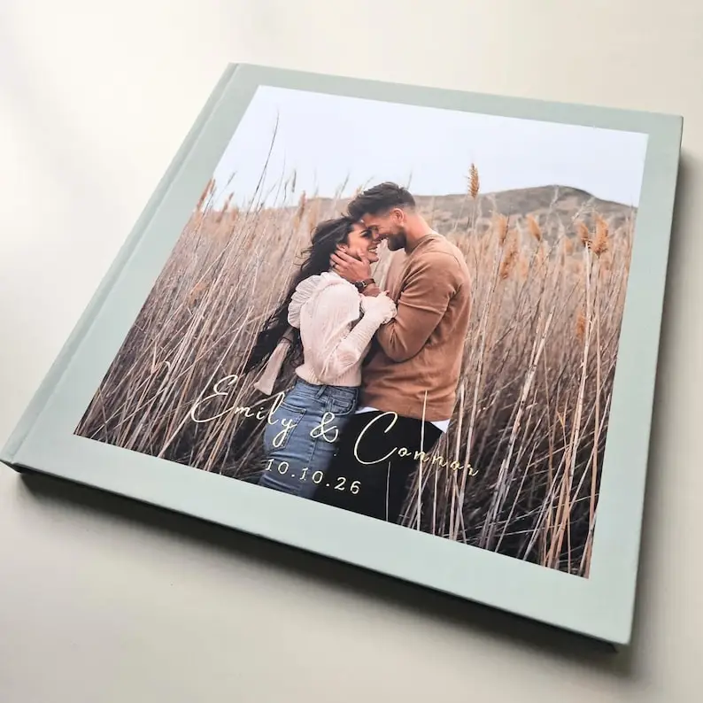 Custom Wedding Guest Book with Foil and Photo Cover | Sage Green Hardcover Reception Book