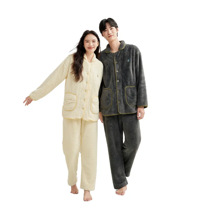 

Couple Sleepwear Winter Warm Pajamas Thickened Fleece Home Clothes Women Men Coral Velvet Comfortable Soft Outdoor Homewear 2Pcs