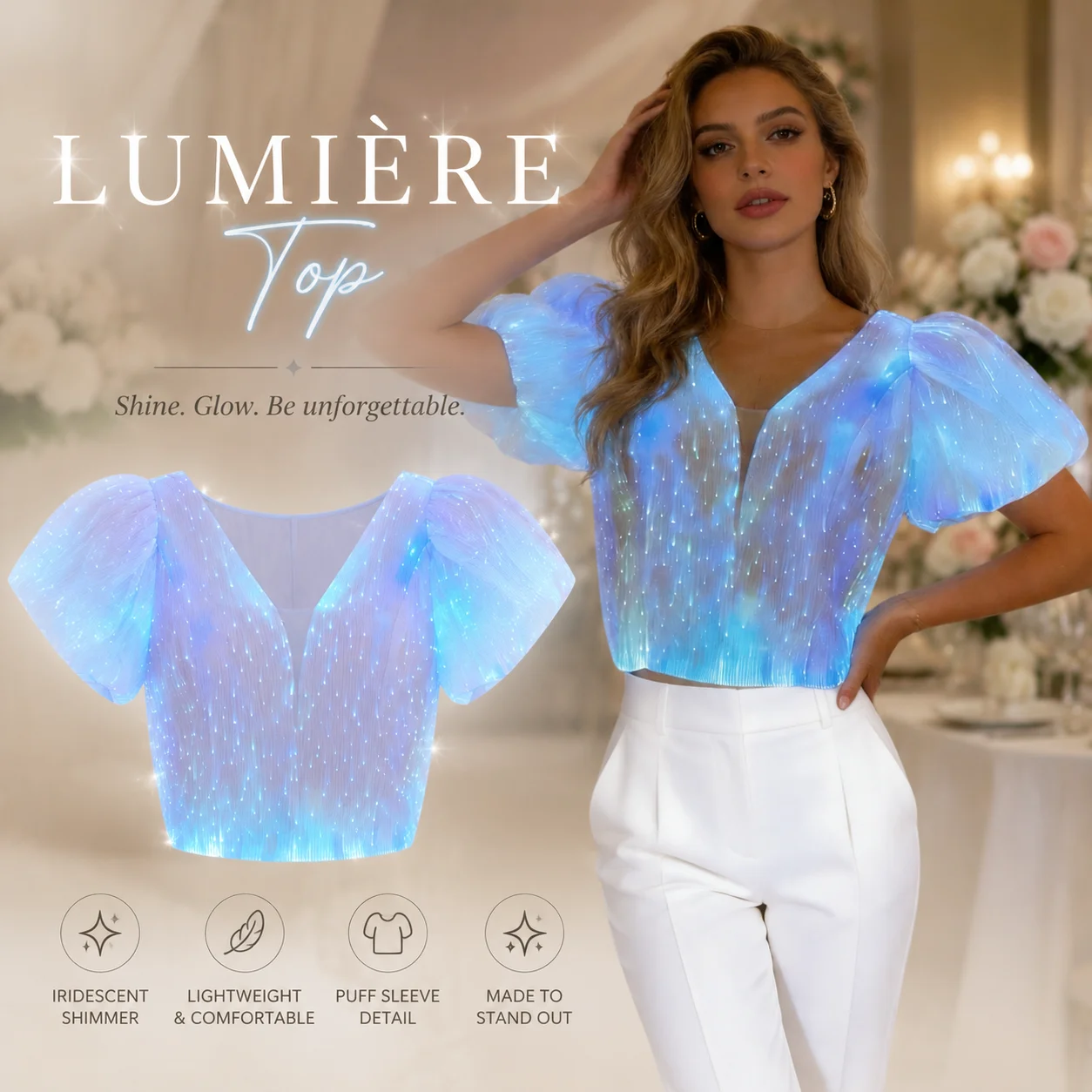 Top Luminoso con Cuello en V y Luces LED de Neón Aurora Eléctrica, Hecho a Medida para Mujer, con Mangas Abullonadas, Ideal para Festivales