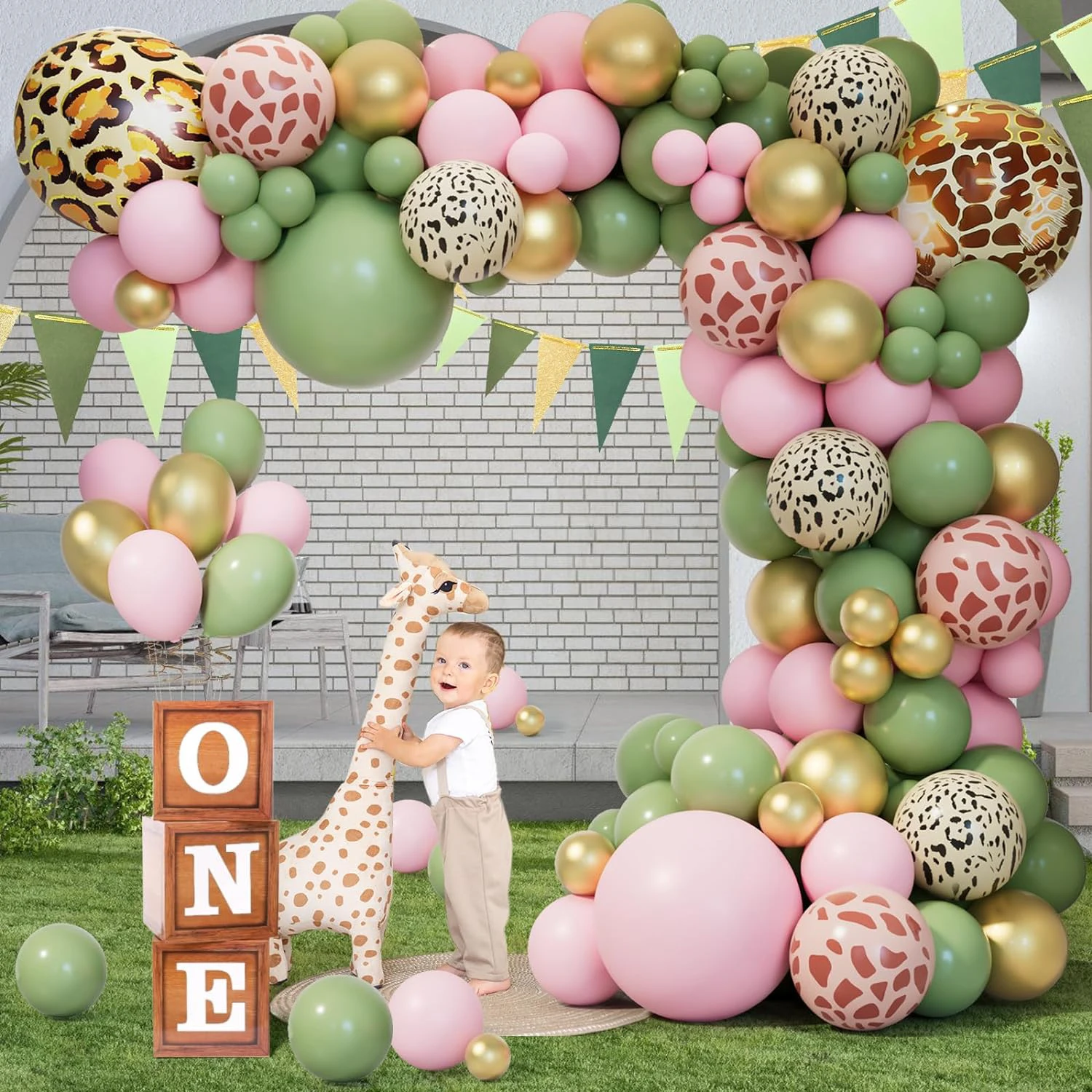 Safari Jungle Balloon Floral Arch Set Animal Grey Green Pink Gold Balloon Wild One Hunting Baby Shower Decoration Birthday