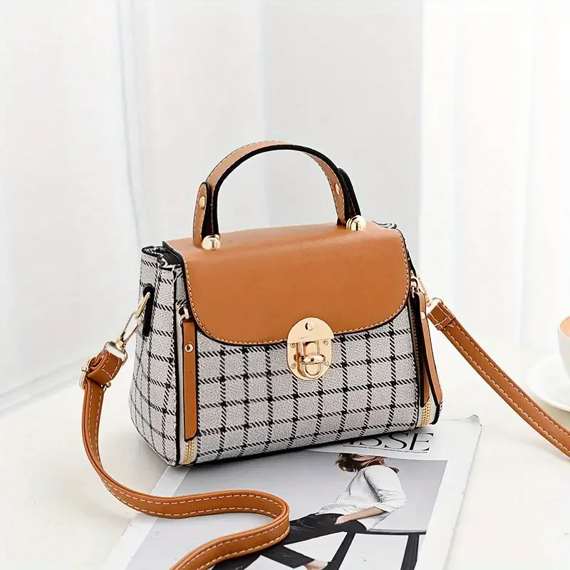 Plaid Pattern Handbag, Women\'s Buckle Decor Flap Purse, Fashion PU Leather Crossbody Bag