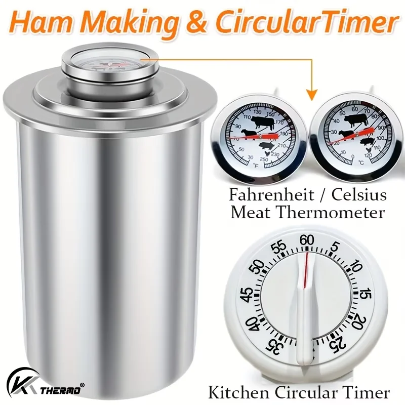 1-Piece Stainless Steel Ham Maker Set with No-Battery Mechanical Timer & Meat Thermometer – Homemade Deli Press Mold