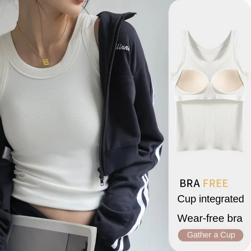 Women Solid Round Neck Ribbed Tank Top Camisole Women Summer Basic Elastic TankTop One-piece Vest with Chest Pad