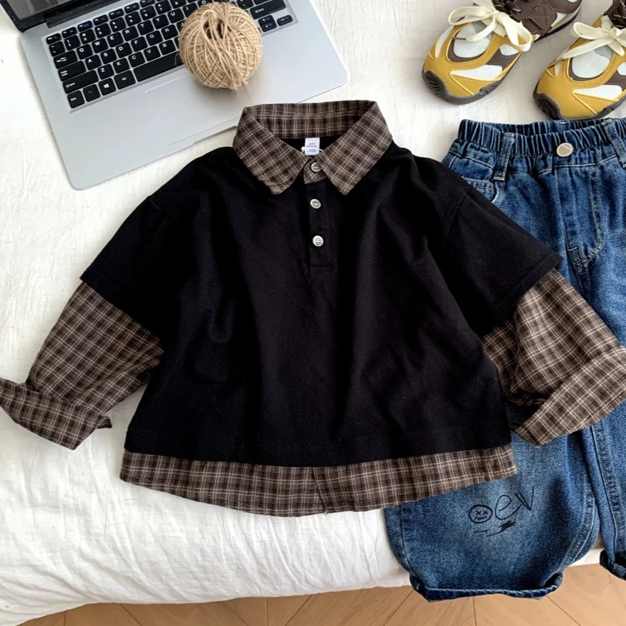 Top 2026 Autumn and Winter New Children's Wear Korean Style Boys and Girls Fashion Fake Two Spell Long Sleeved T Shirts