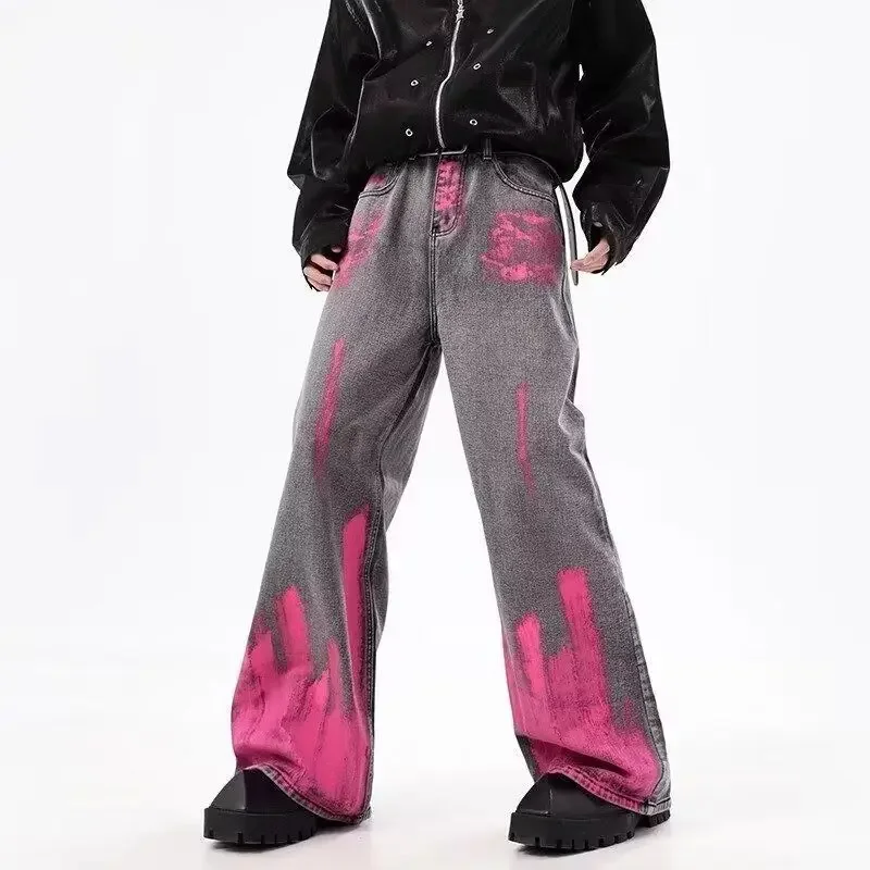 Juspinice メンズ バギー グレー ピンク ゴシック ジーンズ 原宿 オーバーサイズ ハイウエスト デニム パンツ 2000年代 ジーンズ ヴィンテージ タキシード風服