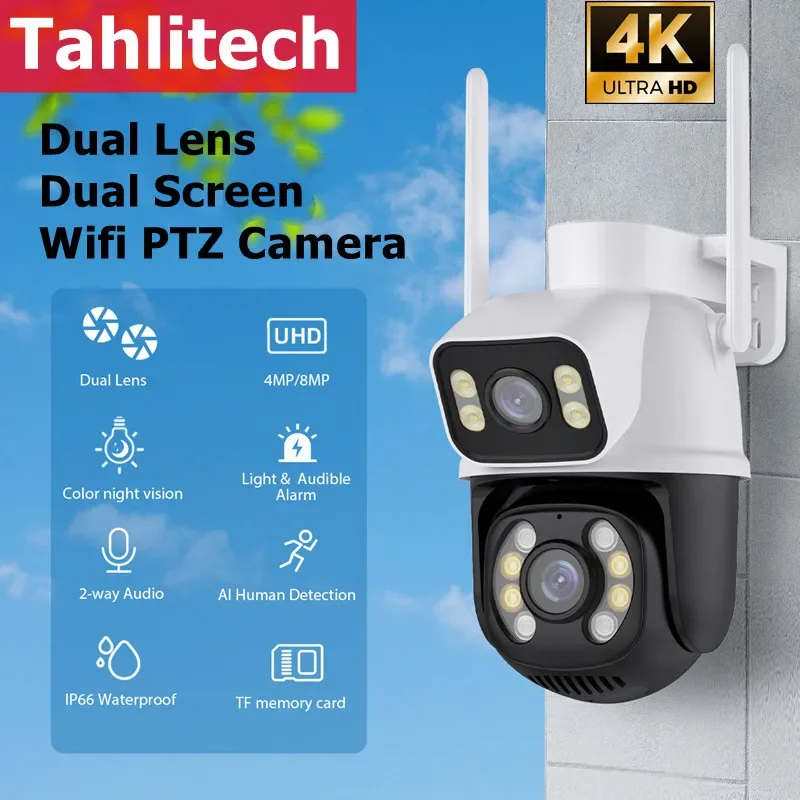 

Wi-Fi PTZ IP-камера 8MP с двумя объективами обнаружения человека Wi-Fi камера безопасности ICSEE APP Беспроводная уличная камера ptz камера с оптическим зумом