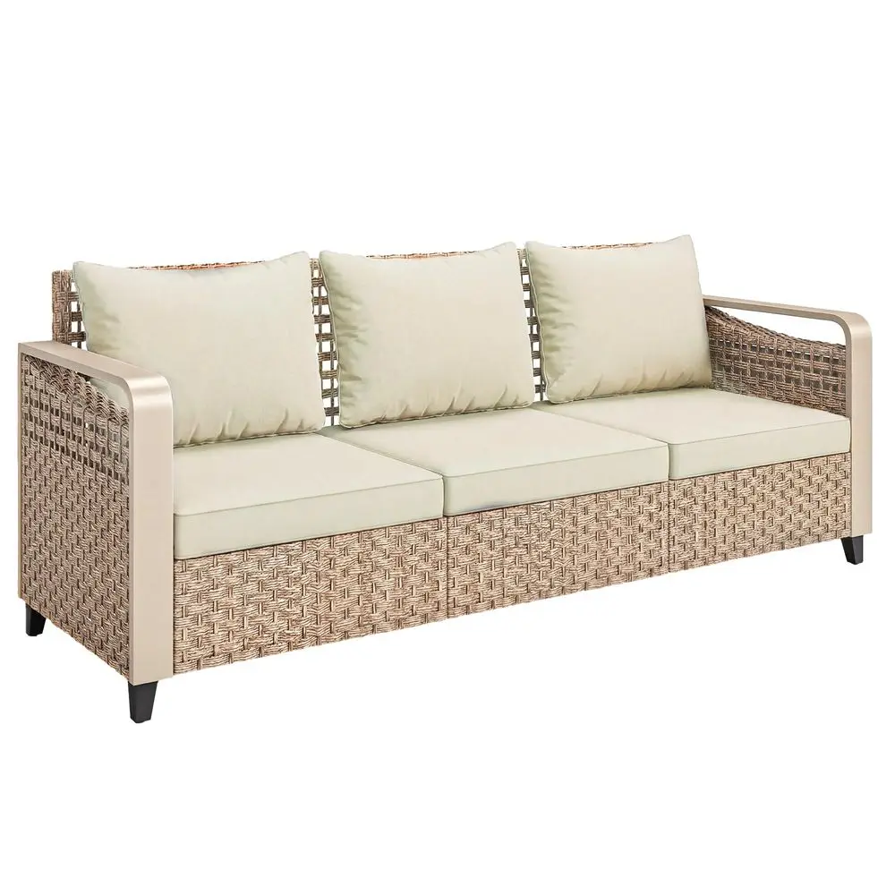 Outdoor Patio Couch with Wide and Deep Seat, 3 Seater Wicker Outdoor Sofa with Wide Metal Armrests, Patio Furniture Couch with