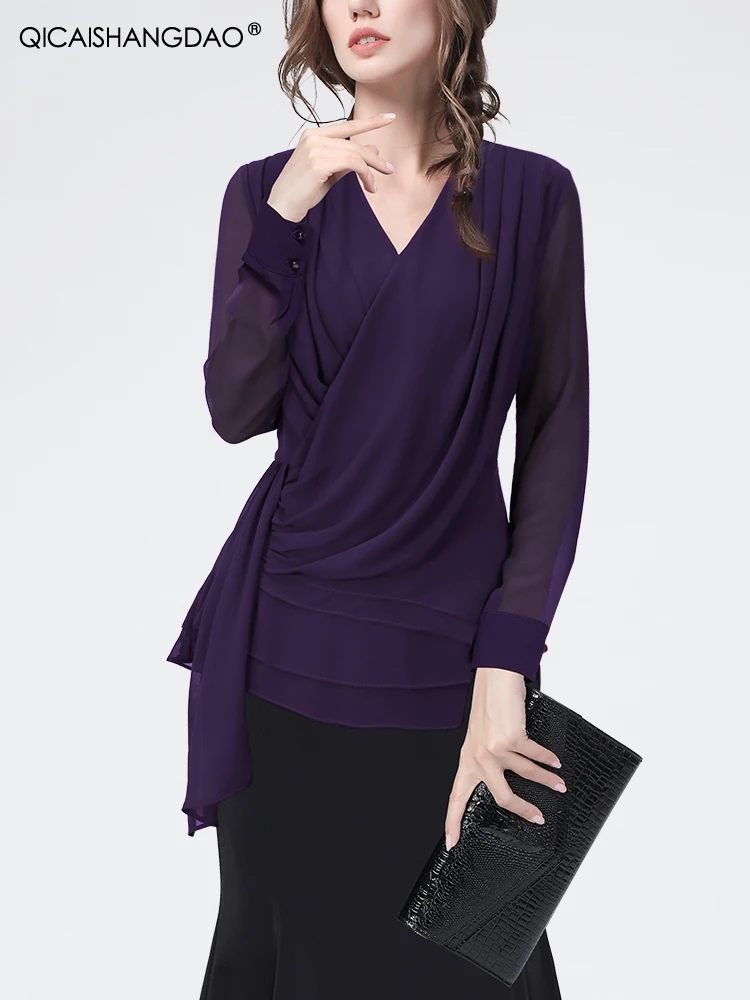 Women Long Sleeve V-Neck Crossed Purple Casual Shirt Elegant Slim Chiffon Tops With Belt 2024 Fall New Ladies Blouses