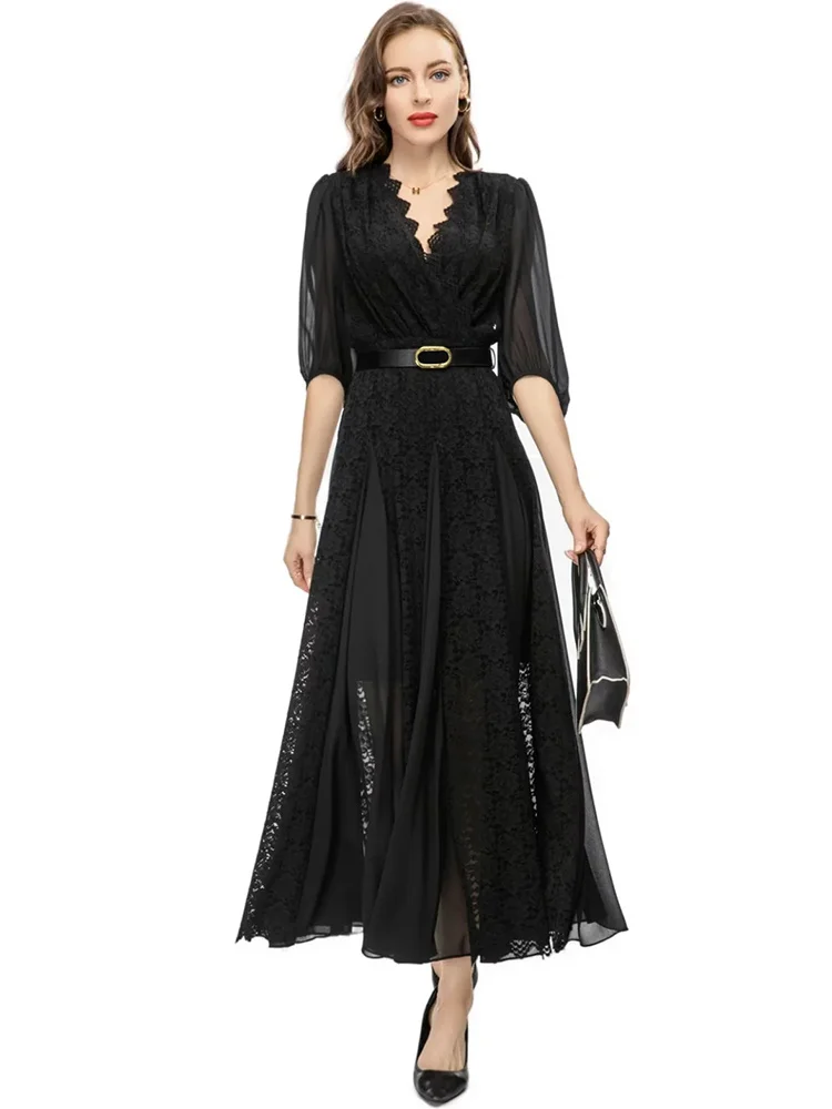 New Fashion Designer Summer Women's Solid Color Lace V-Neck Lantern Sleeve Belt Hollow Out Embroidery Dress