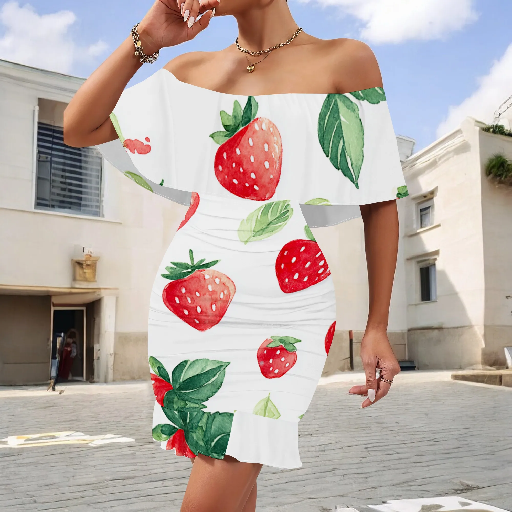 

Strawberry Print Off Shoulder Mini Dress S-3XL Ruffle Hem Slim Fit Style for Summer Picnic, Beach Vacation or Garden Party Look
