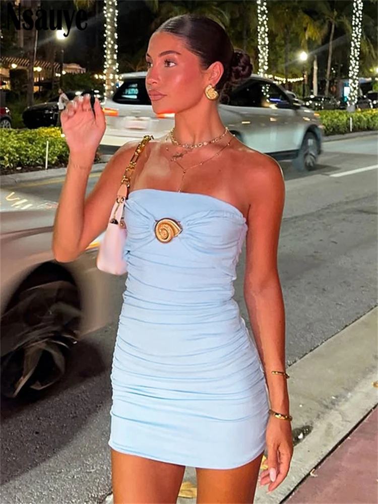 

Nsauye без бретелек, летнее облегающее женское мини-труба, сексуальное платье для ночного клуба, вечернее платье 2021, модное платье с высокой талией, наряд с рюшами