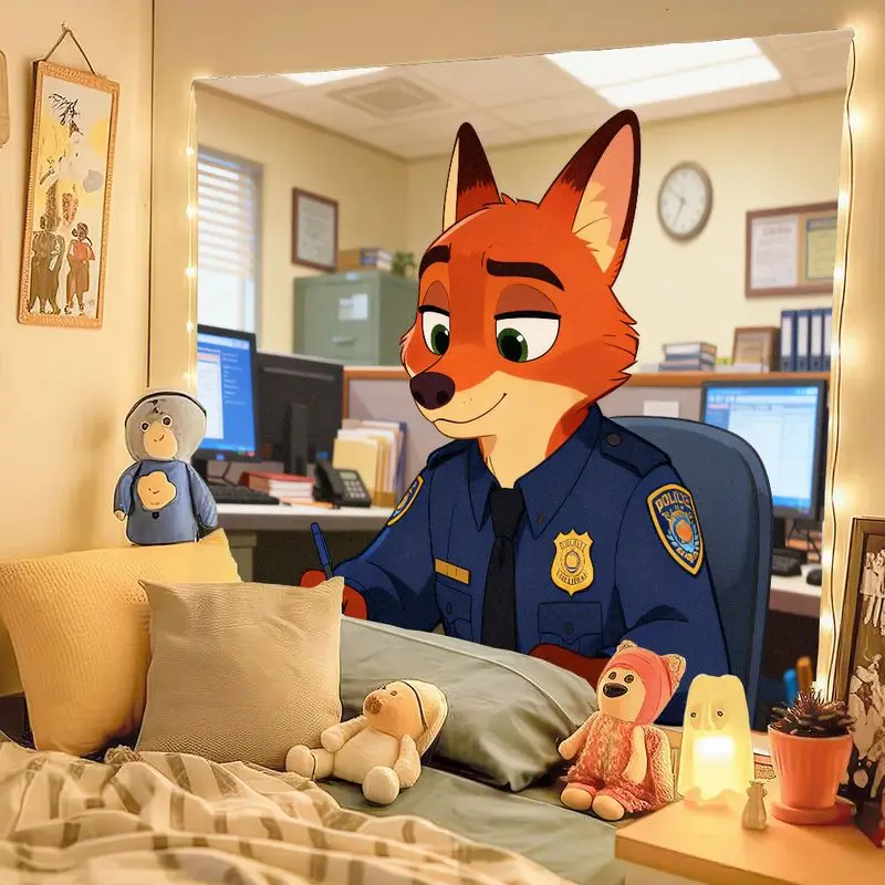 1PC Zootopia Nick Wilde Fox Polizei Wandteppich Moderne Cartoon Anime Wand Kunst Polyester Dekor Wohnzimmer Schlafzimmer Geschenk für Fans