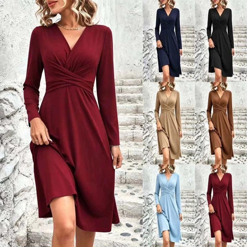 Neues Damenkleid mit V-Ausschnitt, überkreuzter Taille, gerafften Langen Ärmeln, Midi-Maxi-Länge – Detail 2