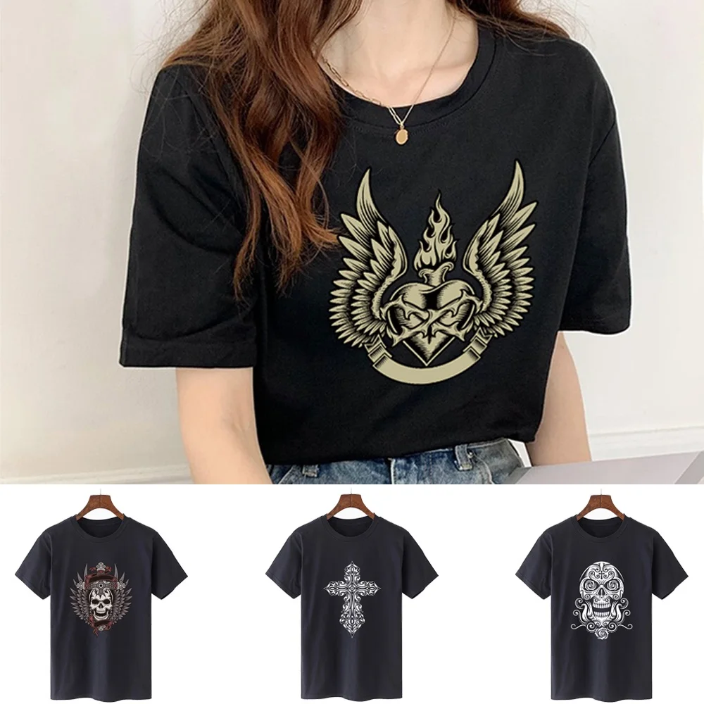 

T-shirt Top Women 2024 New Round Neck Short Sleeve Tshirts All-match Shirt Tees Casual Comfortable Clothing Skull Print Pullover