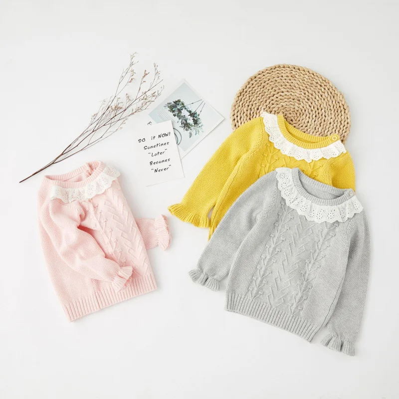 

Autumn and Winter New Pure Cotton Children's Knitting Shirt Girls' Lace Collar Sweater Top