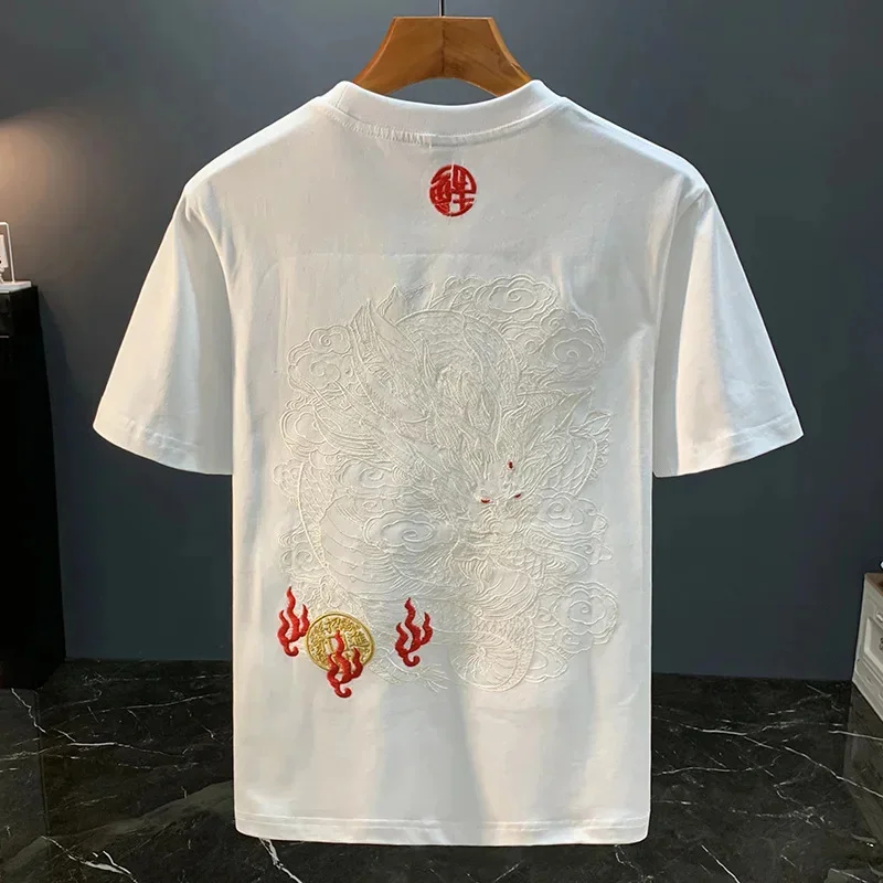 Chinese Loong Embroidery Printed Short Sleeve T-shirt Men's 2026 Summer Loose Casual Fashion National Style Retro Top
