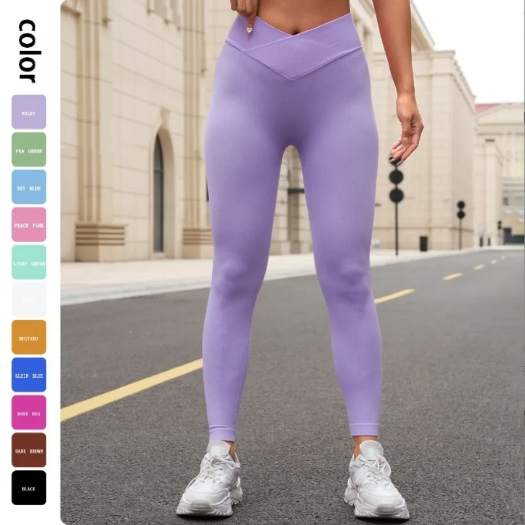 

Seamless Knitted Solid Color Cross High Waist Peach Hip Yoga Pants, Fitness Breathable Yoga Nine Leg Pants