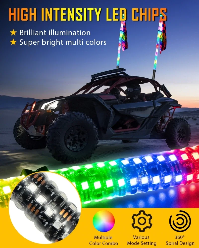 2Pcs LED Whip Lights RGB Multi-Color Flagpole Lamp Bowlight with Brake Lamp Turn Signal Light APP+Remote Control for Offroad ATV