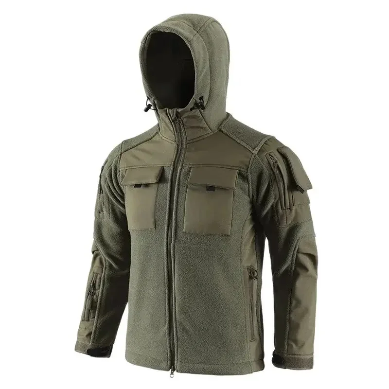 

Winter Fleece Tactical Jacket Men Shark Skin Soft Shell Splicing Hooded Jackets Outdoor Warm Coat Male Multi-pocket Windbreak