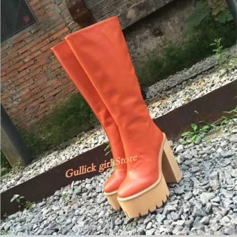 Platform Block Heel Knee High Boots Orange Leather Slip On Handmade Runway 2026 Winter Autumn Women Dress Shoes Thick Heel