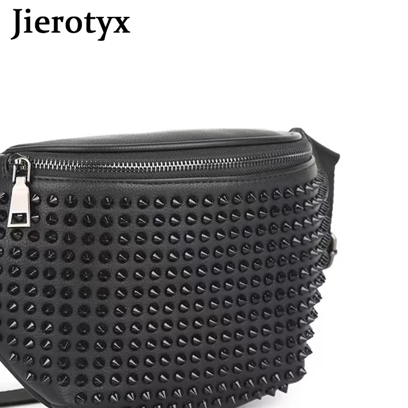 JIEROTYX Personality Leather Fanny Pack Vintage Rivet Waist Chest Bags Pouch Studded Belt Bag for Women Gothic Style