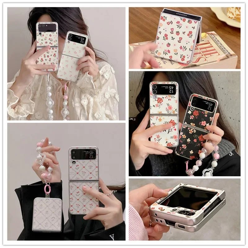 Чехол для Samsung Galaxy Z Flip 3 4 5, Z Flip5 ZFlip5 Ins, браслет с цветочным принтом и гальваническим покрытием из овечьей кожи, противоударный чехол