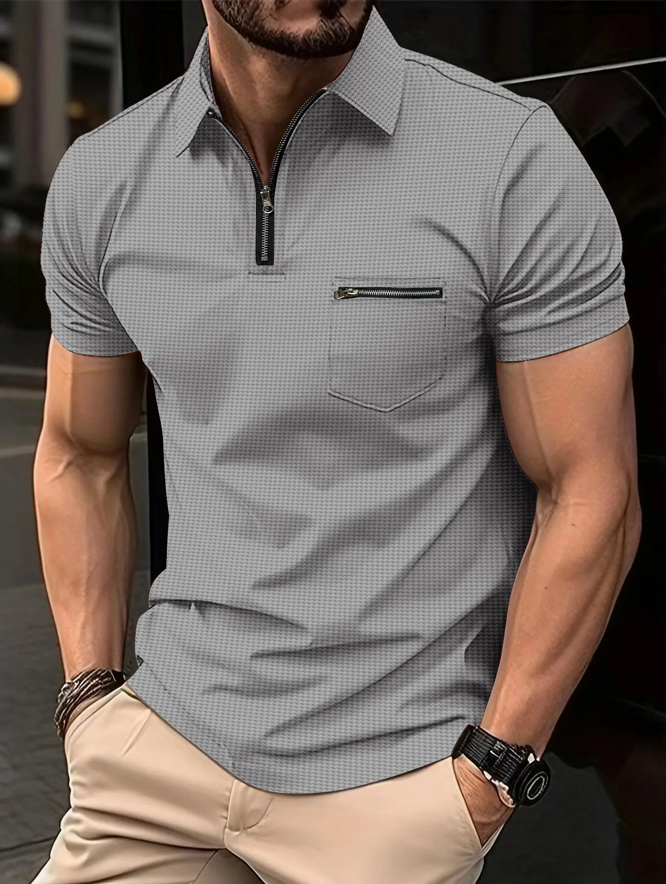 2023 Summer New Men\'s Casual Short-Sleeved Polo Shirt Waffle Zipper Pocket T-Shirt Men\'s Breathable Polo Shirt