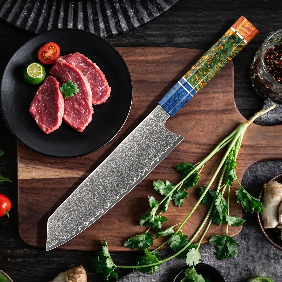 8 Inch Professional Chef Knife 67 Layers Damascus Steel Sharp Kiritsuke Knife Stabilized Colored Wood Handle 