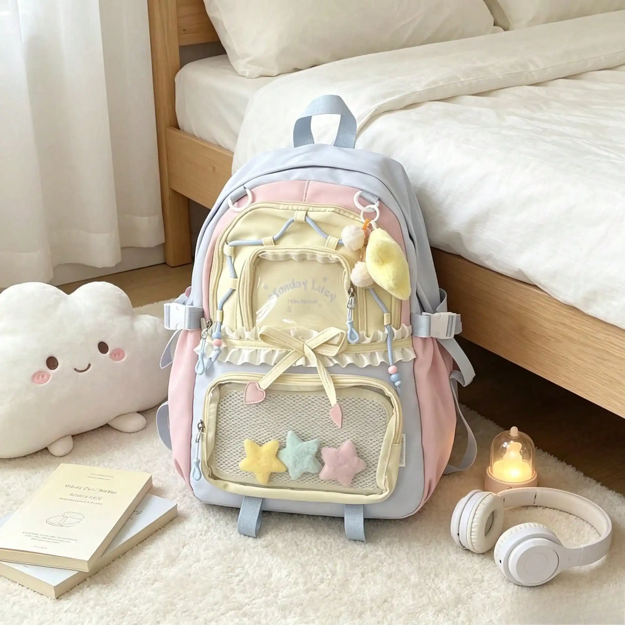 Cute Pastel Color Block Star Plush Charm Backpack, Kawaii Lace Ruffle Bow School Bookbag, Large Capacity Girls Student Backpack For Back To School