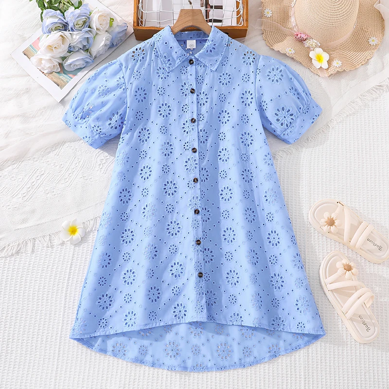 

Летнее платье для девочек 8-12 лет, светло-голубое, с воротником и пуговицами, с цветочным кружевом, повседневная детская одежда