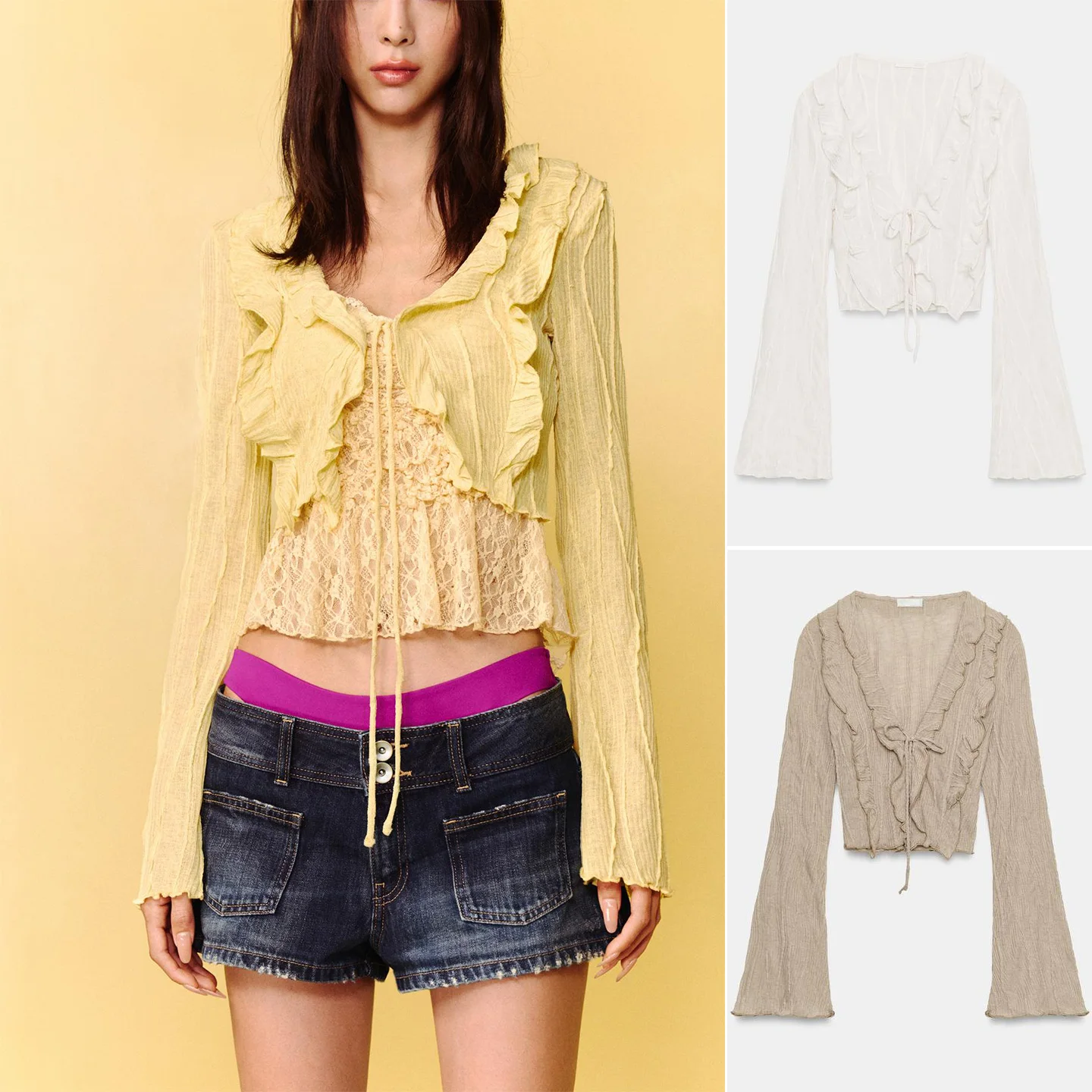 

Spring Summer New Women's Long Sleeve V-neck Knot Layered Decoration Short Shirt Street Style Loose Fit Polyester