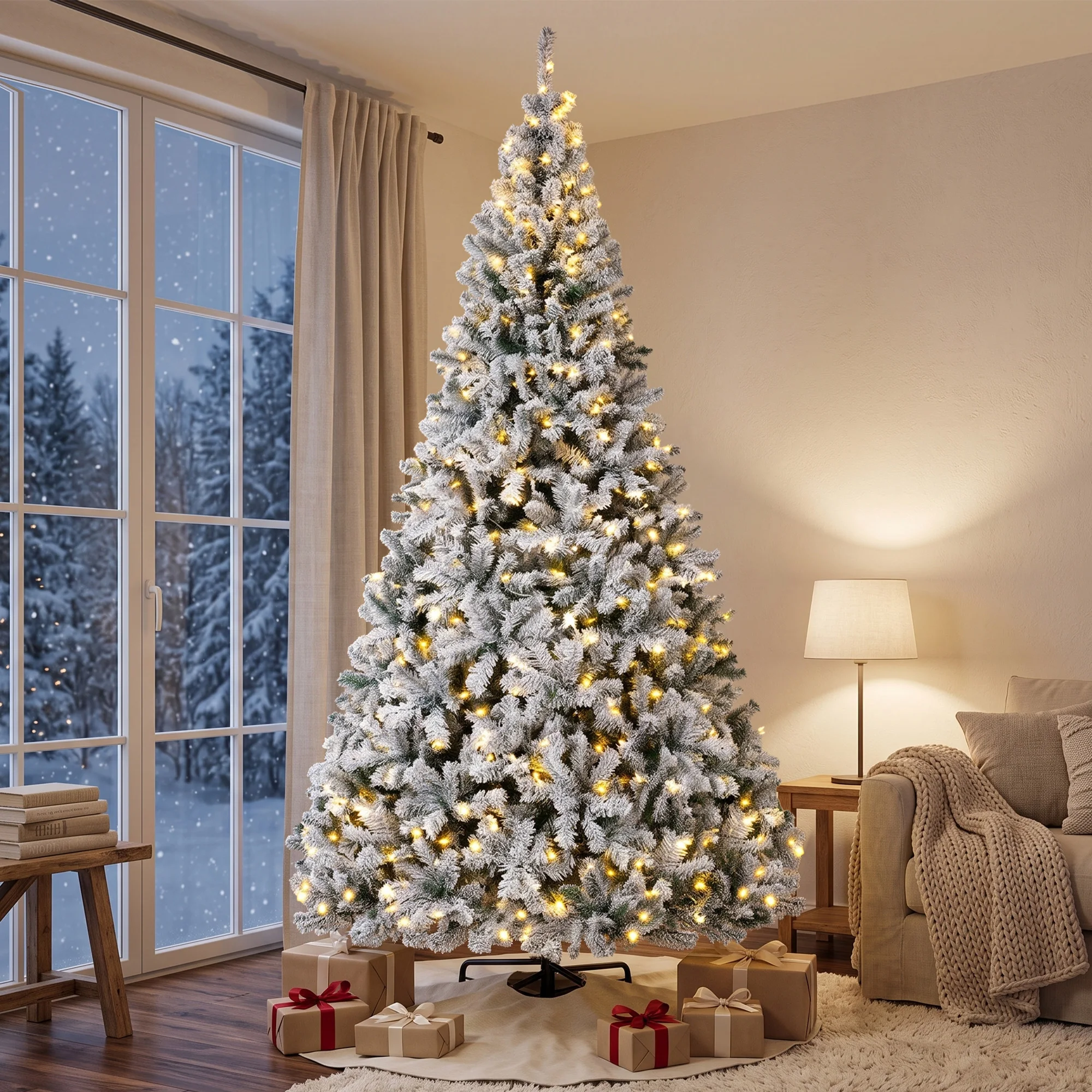 9ft Flocked Prelit Christmas Tree, Hinged Fraser Fir with LEDs