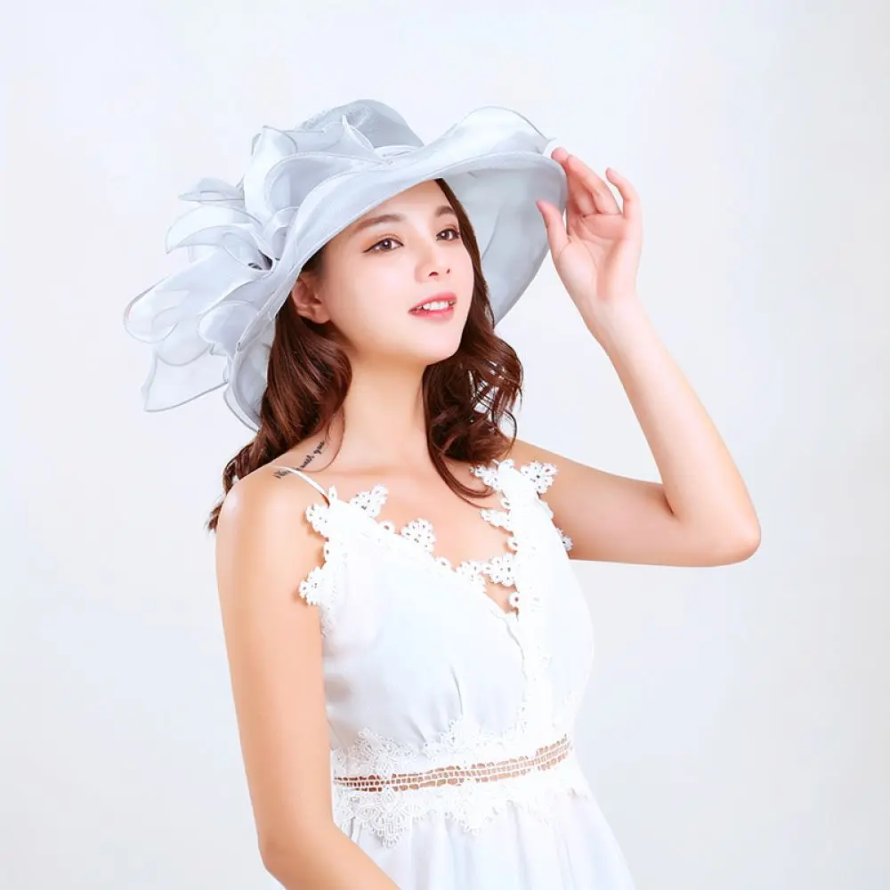 Elegant Women Sun Hat Organza Flower Design Wide Brim Summer Cap Beach Travel Outdoor Sun Protection Breathable Headwear