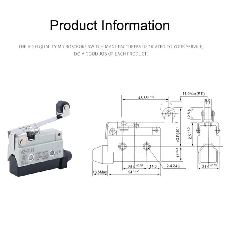 AZ-7121 Waterproof Micro Switch Travel Limit Switch Straight 90degree Roller Lever  220V/380V 5A Self Reset Switch