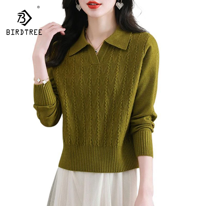 

BirdTree, 80% Wool Elegant Sweater, Women's Collar Knitted Simple Casual and Stylish Sweater,2024 Autumn and Winter New T48001KS