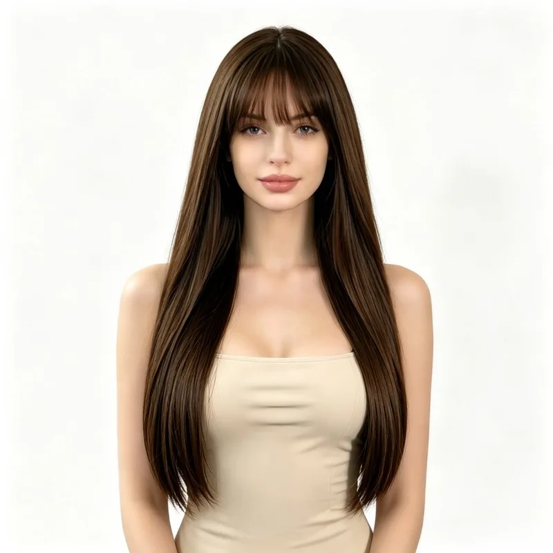New Fashionable Air Bangs Long Straight Hair Women'S Wig Personalized Outdoor Party Simulation Head-Wearing Synthetic Wig