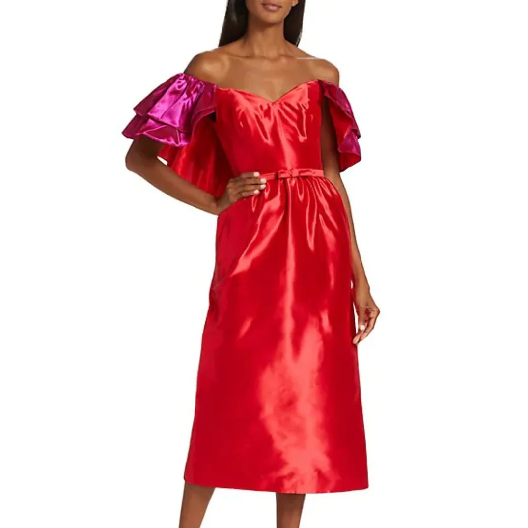 

Off Shoulder Ruffles Short Sleeve Midi Dress Elegant Casual Women's Dresses Red Satin Women's Summer Dress Custom Made Gowns