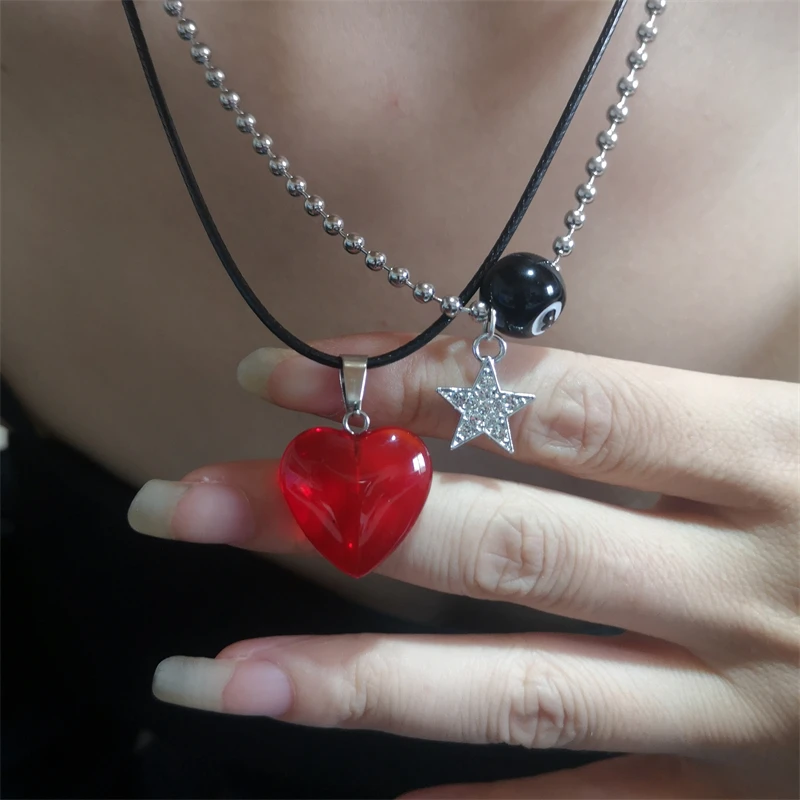 Vintage Fashion Star Cat Red Crystal Heart Pendant Rope Necklace For Women Men Silver Color Y2k Aesthetic Jewelry Accessories