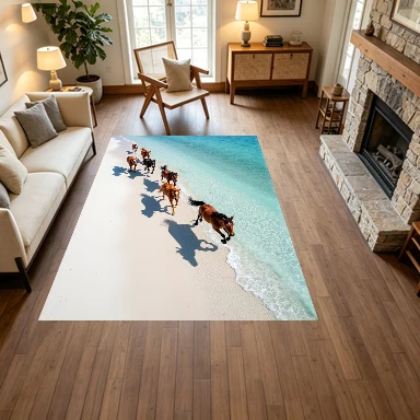 Herd Of Horses Running On Sandy Beach Seaside Carpet Flooring, Ocean Animal Landscape Non-Slip Floor Rug for Living Room Bedroom Home Decoration