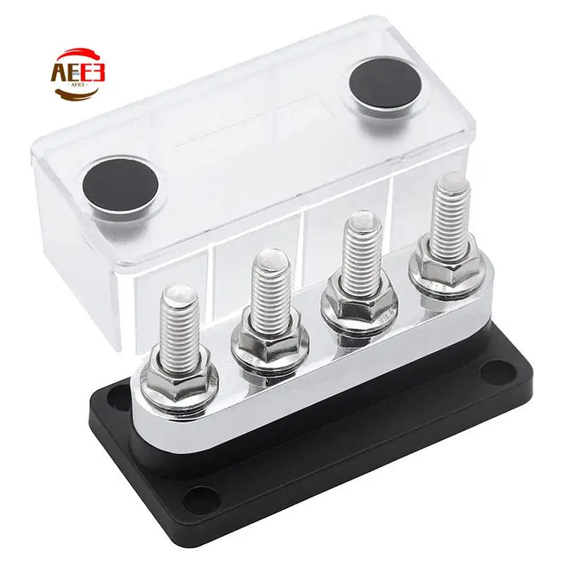 AEE3-600A Bus Bar 4-Stud (3/8 Inch) M10 High Current Copper Busbar Terminal Block Marine DC 12V 24V 48V With Cover