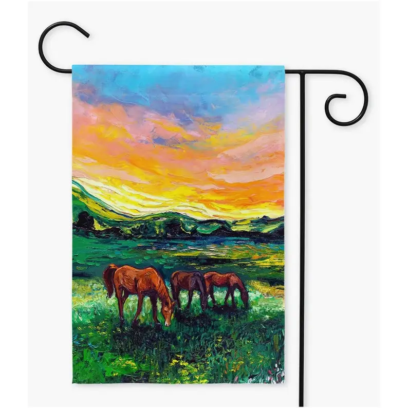 Meadow Sunset Horses Grazing Spring Summer Landscape Yard Flags Double Sided Printing Art By Aja Outdoor Decor Lawn Garden Decor