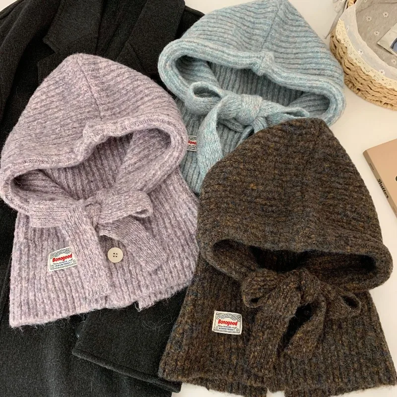 

Red hat and scarf integrated new style warm and versatile autumn and winter raffia knitted scarf balaclava