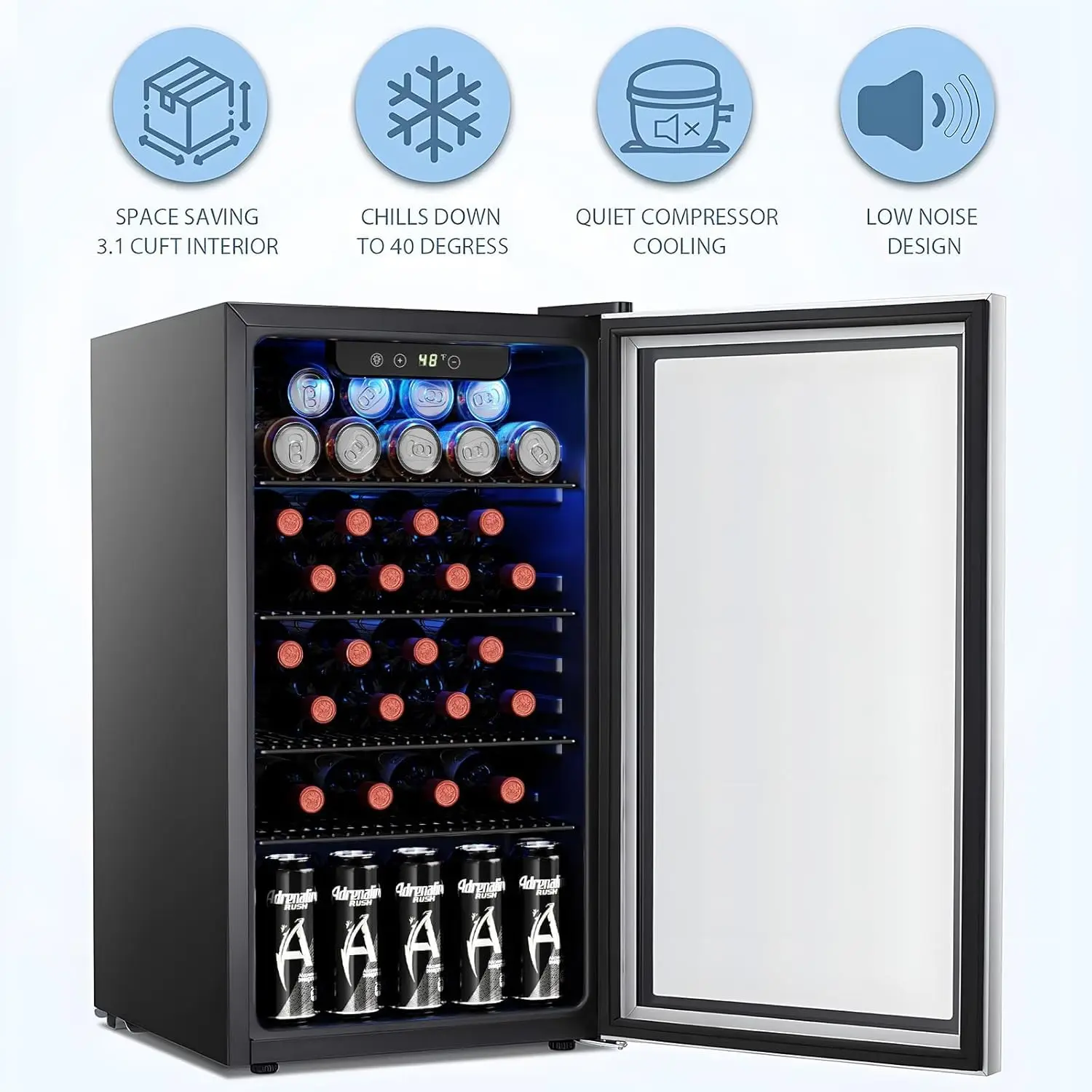 26 Bottle 130 Can Wine Cooler Fridge Clear Glass Door Quiet Compressor Adjustable Temp Freestanding Indoor 3.1cu.ft, Customized