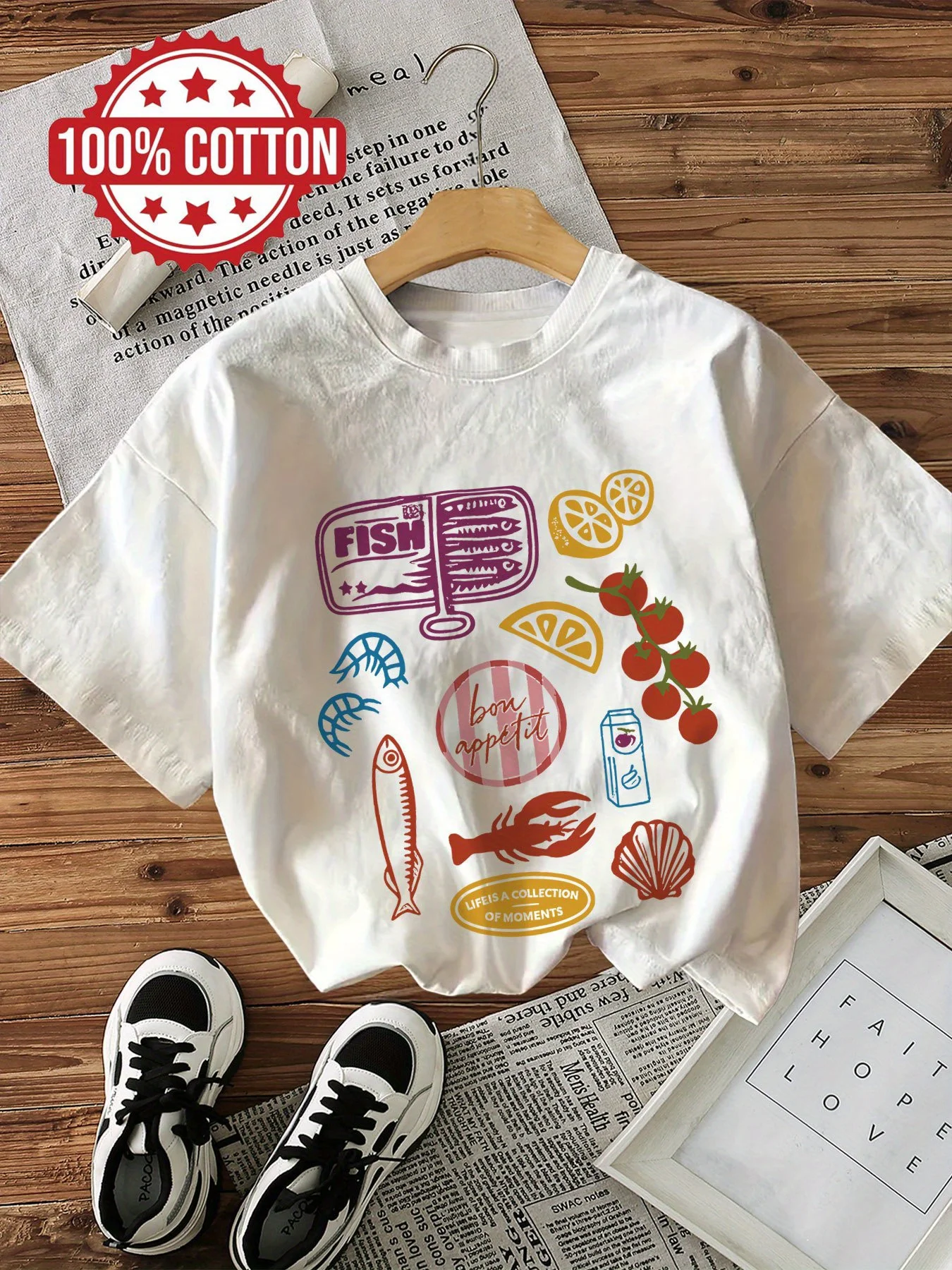 

Plus Size Women Graphic Top Seafood Fruit Pattern Print Tshirt Cotton Loose Casual Short Sleeved T-shirt Vintage Female Clothing