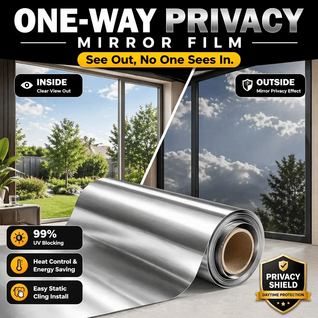 One Way Mirror Privacy Window Film Self Adhesive Heat Control Anti UV Sun Block Window Tint for Home Office Glass Door