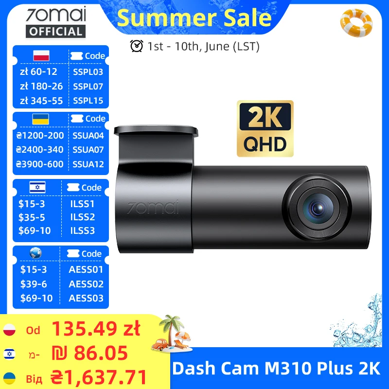 Kamera samochodowa 70mai Dash Cam M310 Plus 2K 1440P Super Night Vision z przysłoną F1.55, rejestrator samochodowy 70mai M310 2K z funkcją monitoringu parkowania 24H, WIFI i sterowaniem głosowym