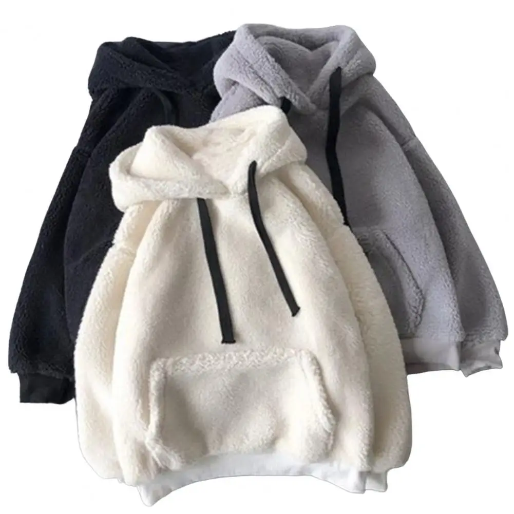 Women Winter Hoodie Solid Color Hooded Long Sleeves Drawstring Patch Pocket Keep Warm Plush Pullover Casual Autumn Hoodie