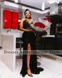 Aso Ebi Black Lace Crystals Side Slit Evening Dresses 2025 Black Girls Beaded Party Wedding Dress Mermaid Formal Gowm Customized